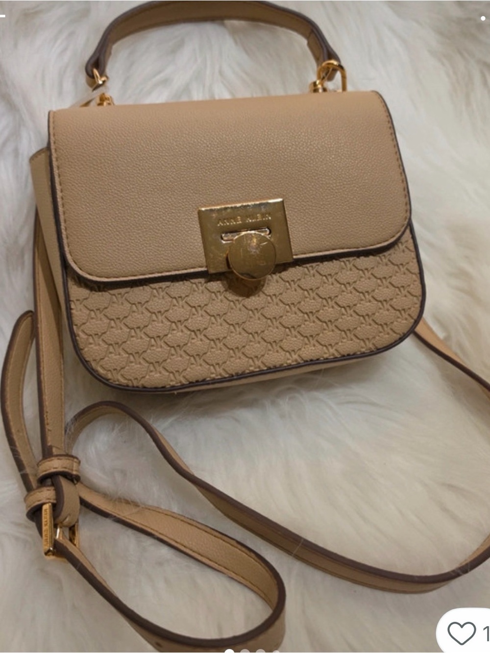 Anne Klein Beige Saddle Crossbody with Gold Turn-Lock